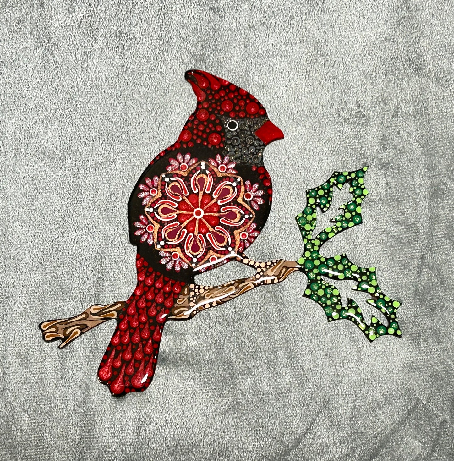 Cardinal with branch mandala (8”)